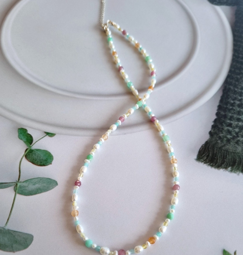 Delicate Pearl Beaded Choker Necklace 925 Silver Clasp Multi-Color Gemstone