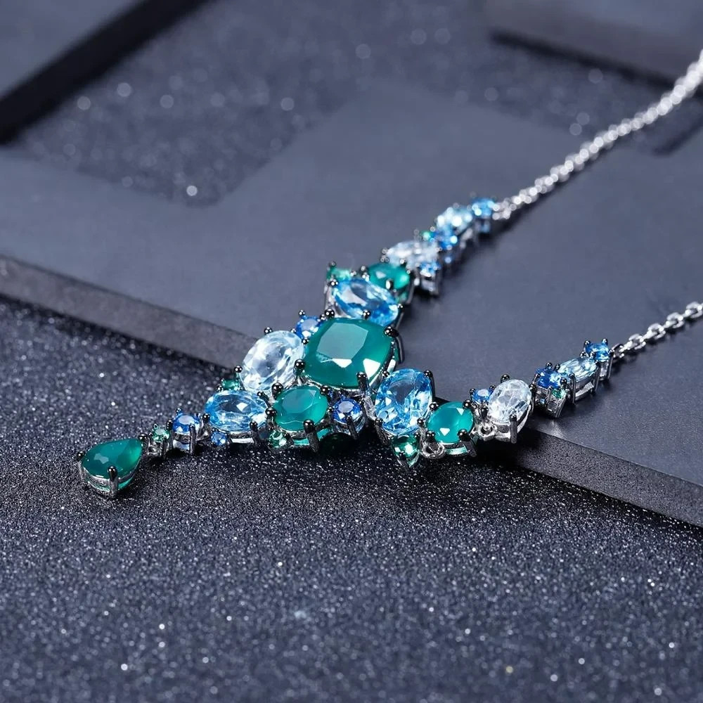 Green Agate Topaz Cascading Bridal Necklace Sterling Silver May BirthStone