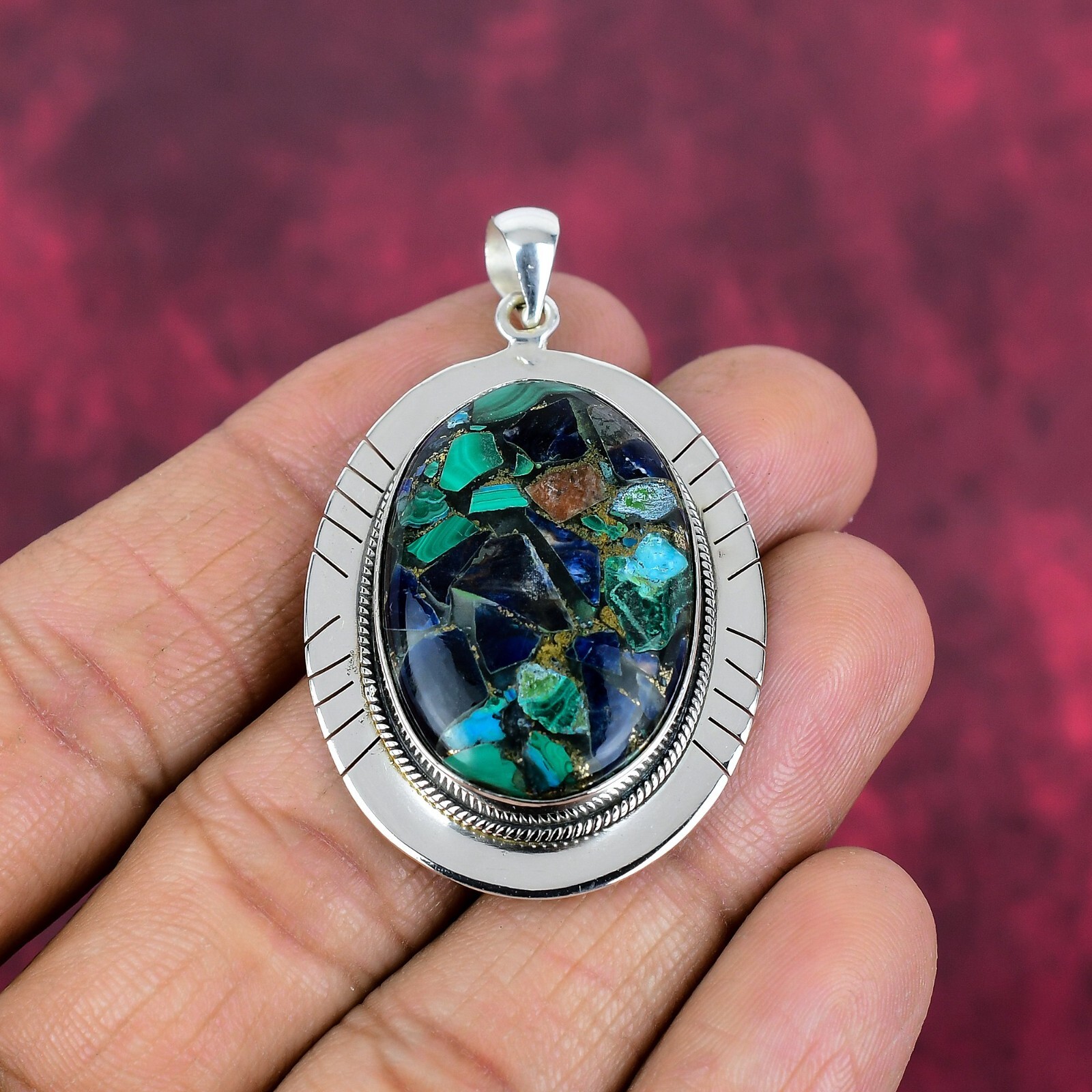 Copper Azurite Malachite Gemstone Handmade 925 Sterling Silver Pendant Jewelry