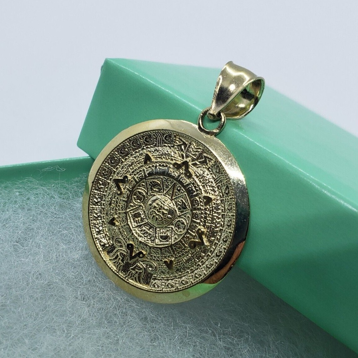 10K Solid Yellow Gold Aztec Mayan Sun Calendar Charm Pendant 3 Sizes
