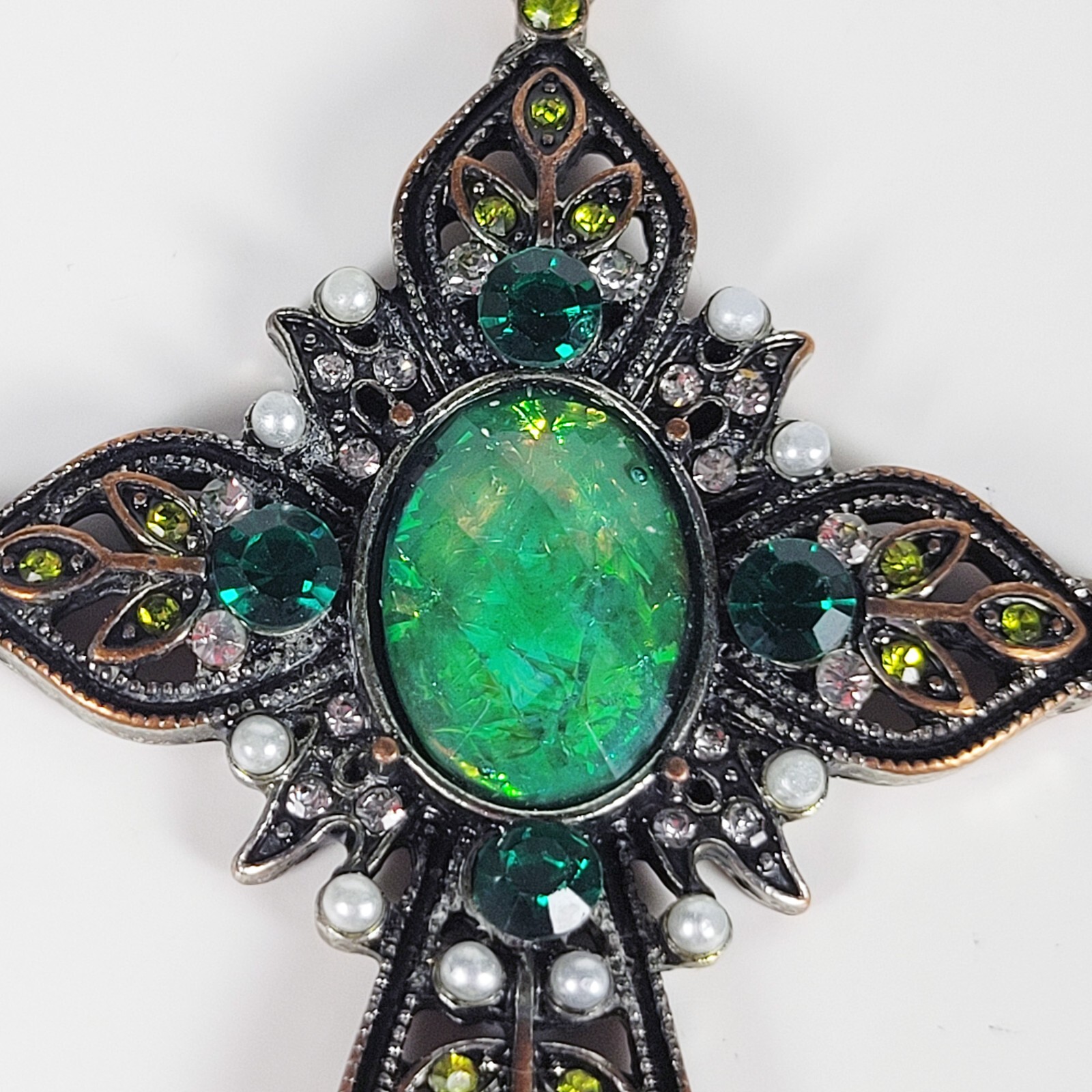 Cross Pendant with Opalescent Green Stone and Faux Pearls – 2 inches Very Good