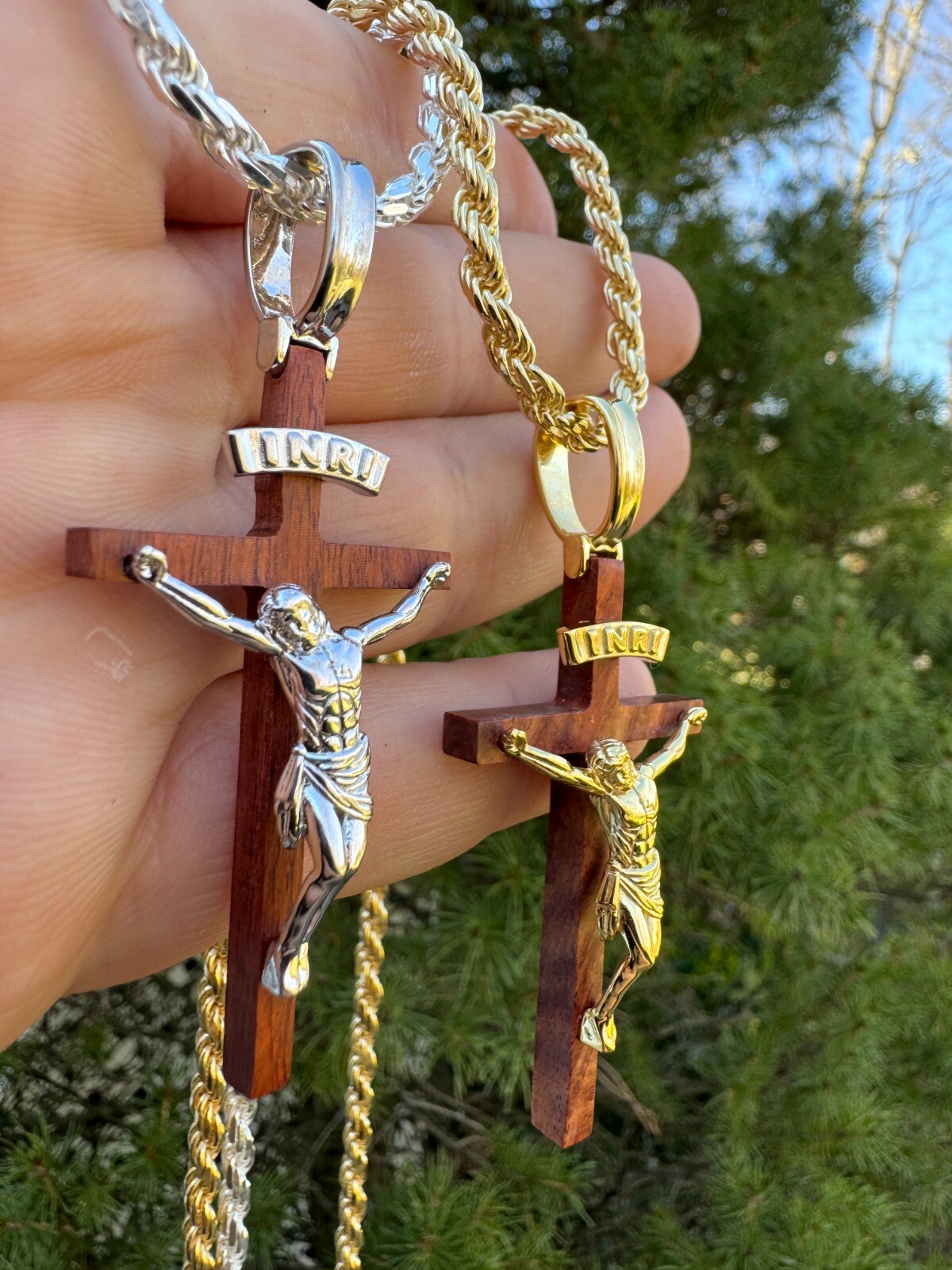 Mens Real 925 Silver & Red Cherry Walnut Wood Jesus On Cross Pendant Necklace 2″