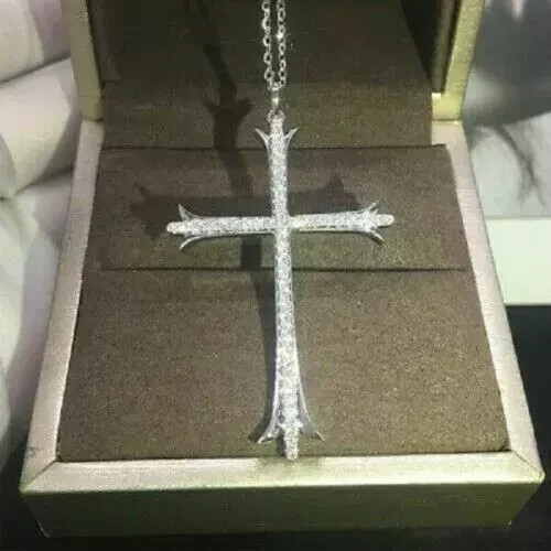 1.00Ct Round Cut VVS1 Diamond Cross Pendant 14K White Gold Finish Free Chain
