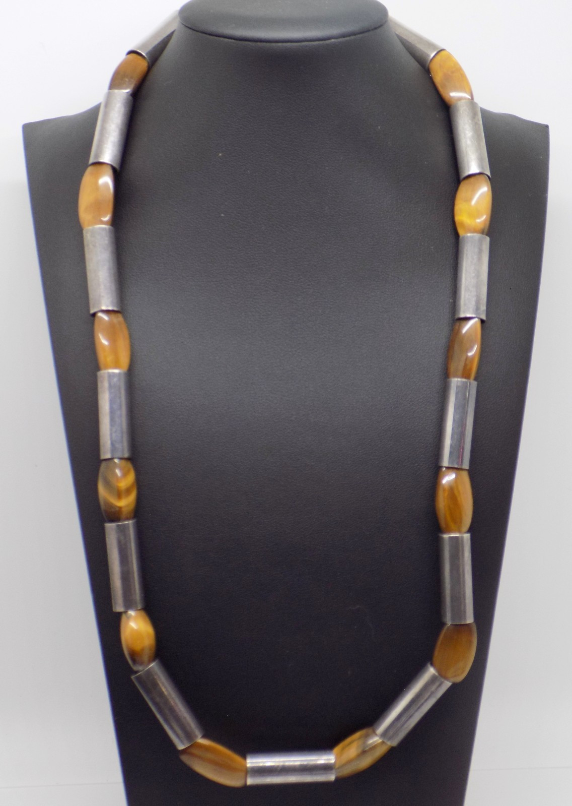 Beautiful Tiger’s Eye Sterling Silver Cylinder Link Modernist Necklace 24″