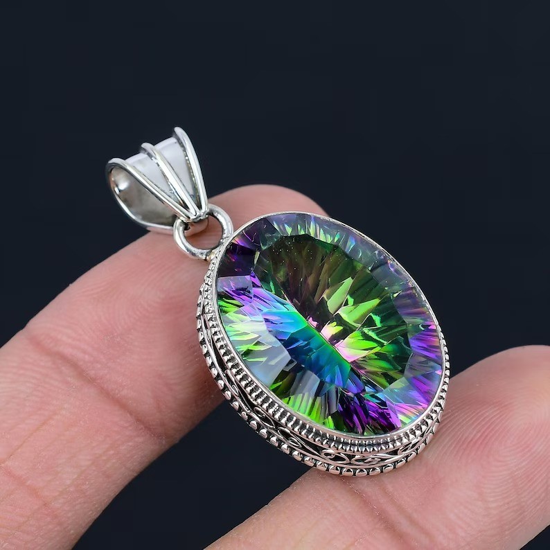 Rainbow Mystic Topaz Gemstone Pendant 925 Sterling Silver Handmade Jewelry