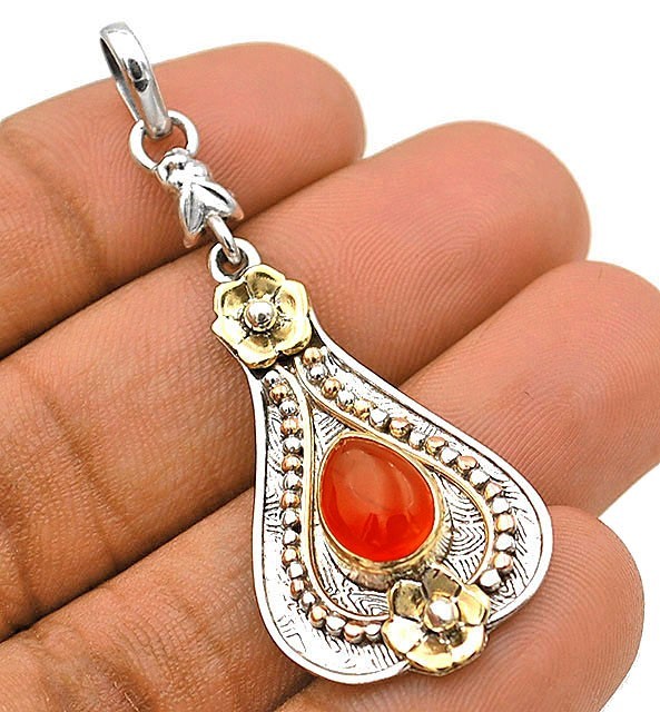 Natural Three Tone Orange Carnelian 925 Sterling Silver Pendant