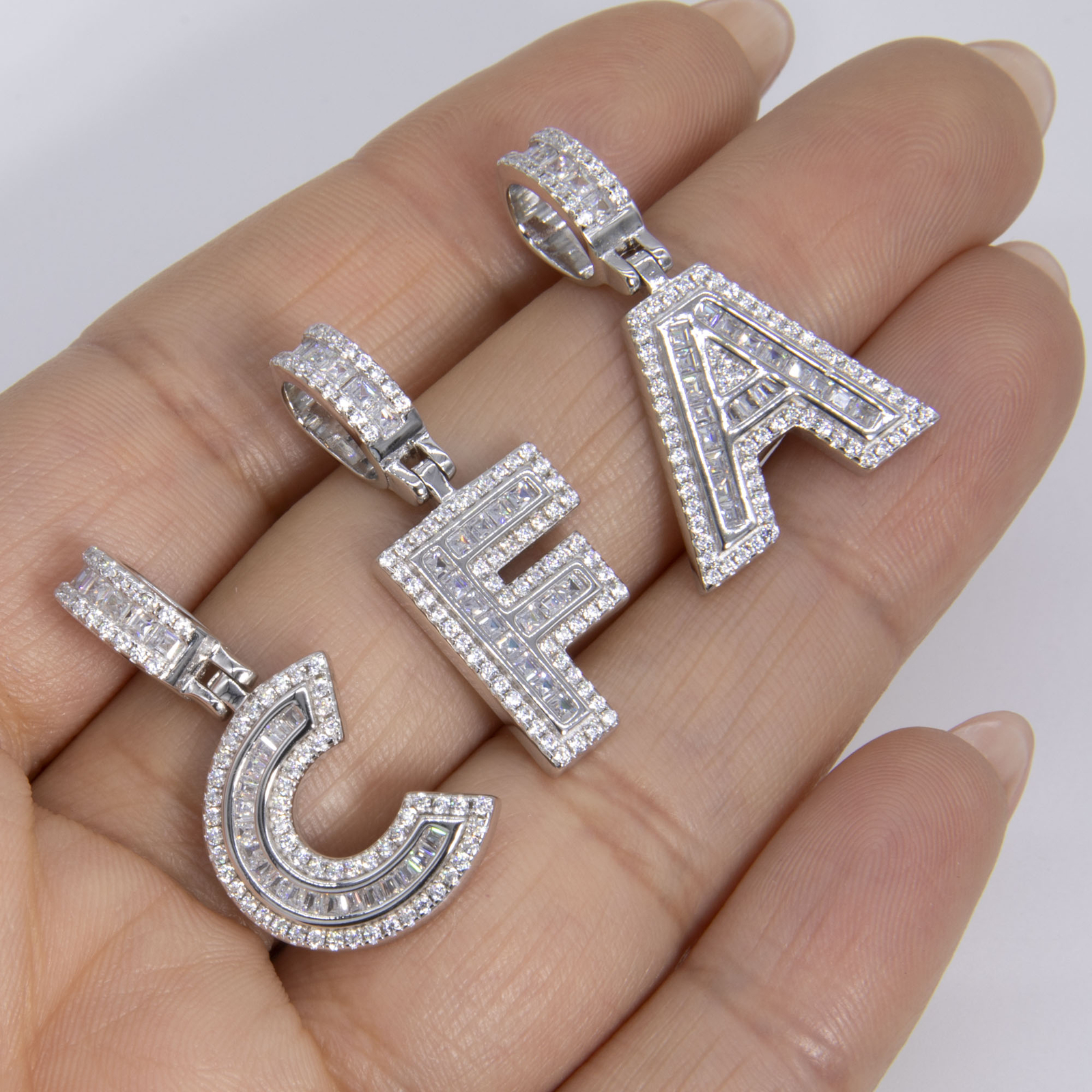 1 1/4″ Shiny Baguette Block Letters Initial Pendant Yellow White Sterling Silver