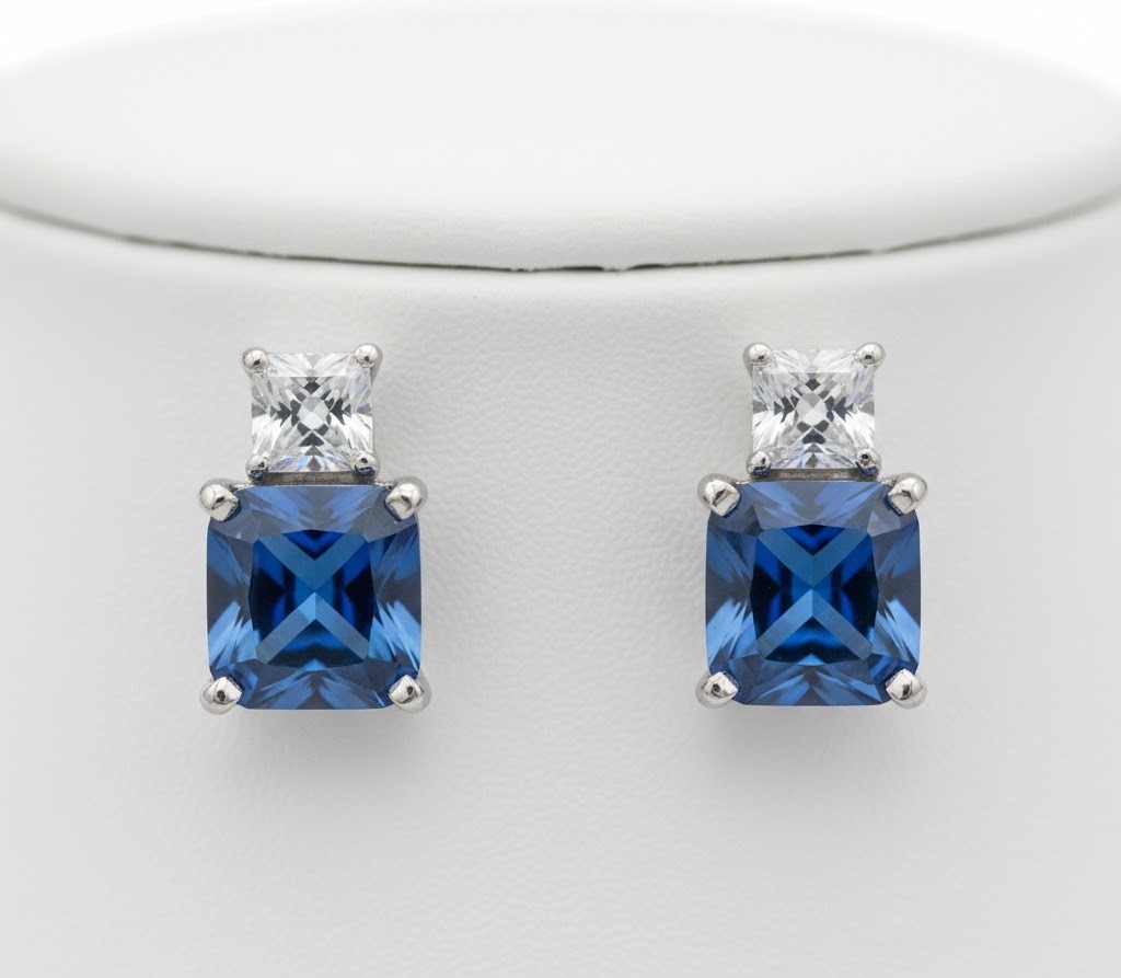 Lab Created Blue Sapphire Pendant Earring Set Everyday Wear 14k White GoldFinish
