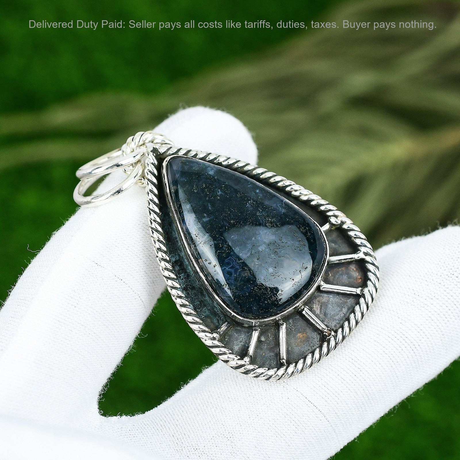 925 Silver Solar Moss Agate Stone Bezel Birthday Handmade Ethnic Pendant Jewelry