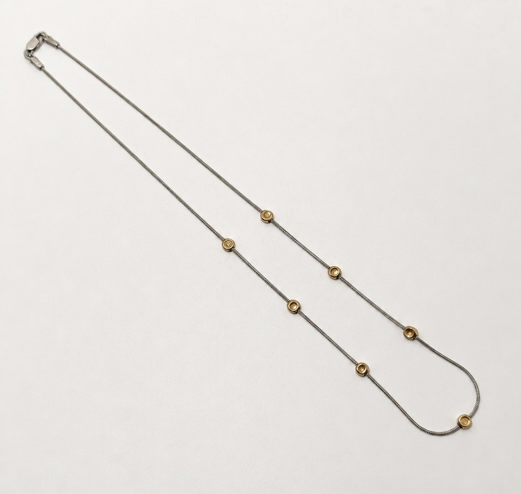 Sterling Silver 2 Tone Station Necklace Gold Vermeil Bead Silver Snake Chain 17″
