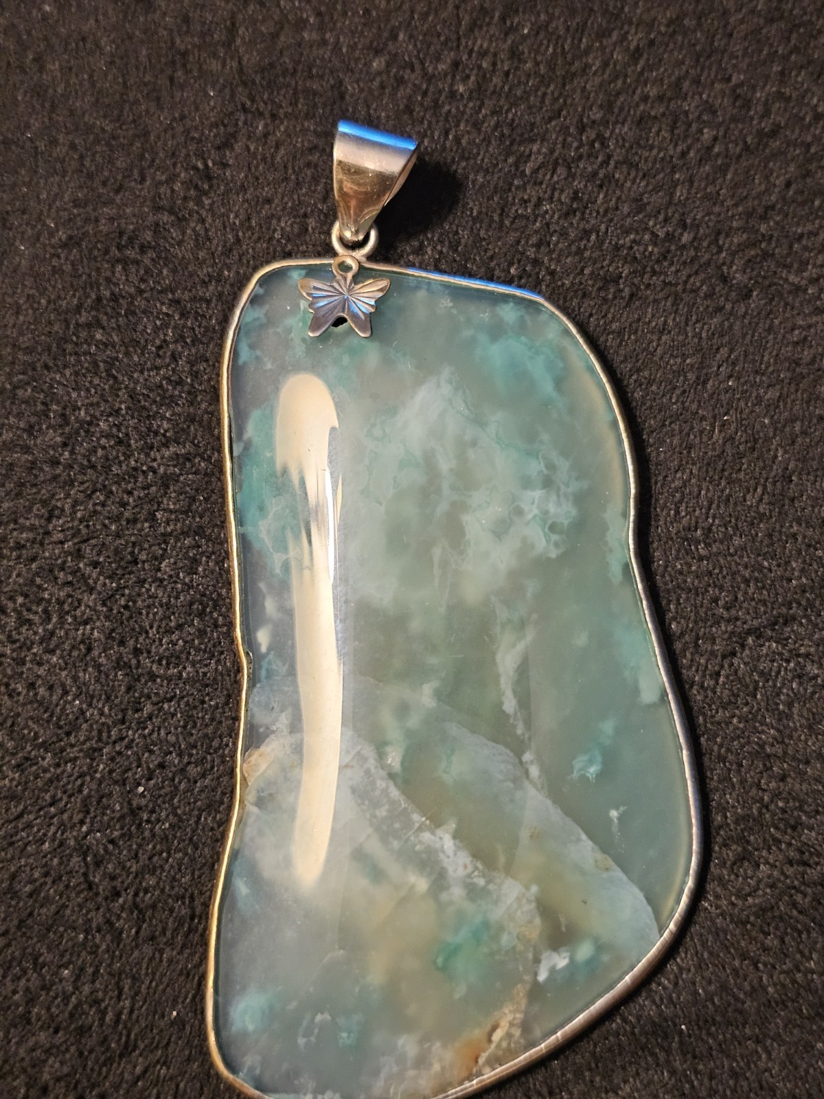 925 Sterling Silver Green Jade Freeform Pendant Bezel Set Butterfly Signed