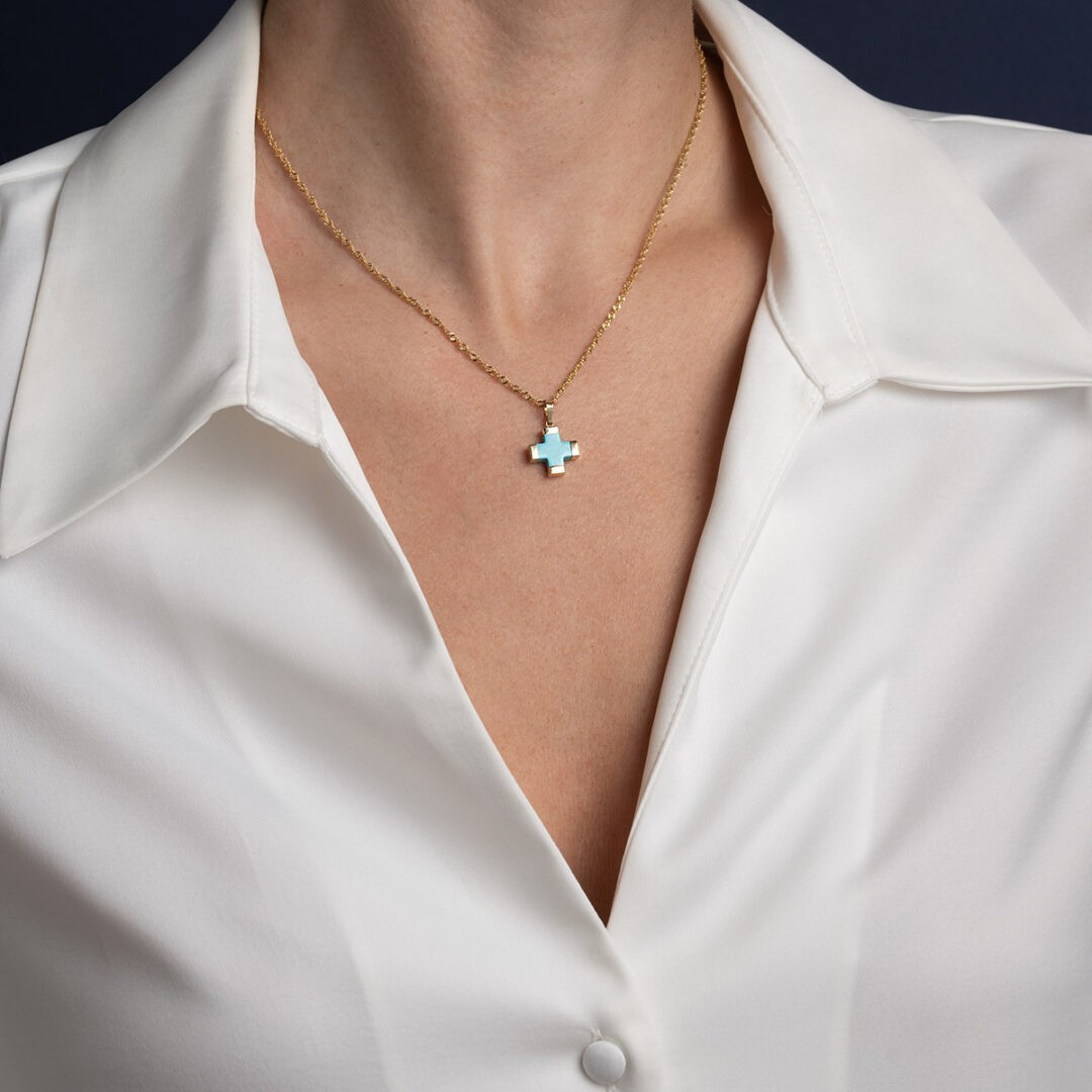 14K Gold Turquoise Cross Pendant, Greek Handmade Jewelry
