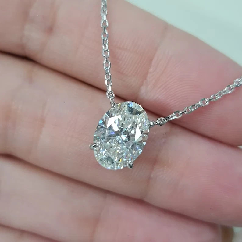 Solitaire Pendant Chain 2.00 Ct Oval Cut Lab Grown Diamond 925 Sterling Silver