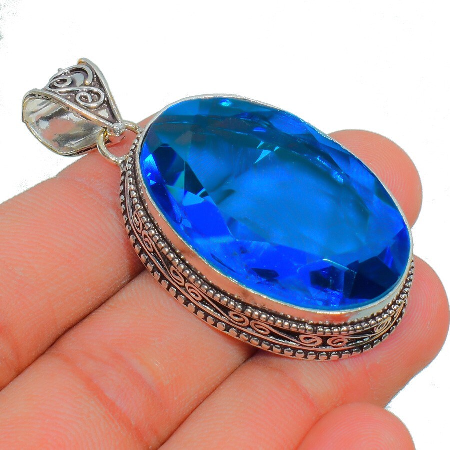 London Blue Topaz Gemstone Handmade 925 Sterling Silver Oval Cut Jewelry Pendant