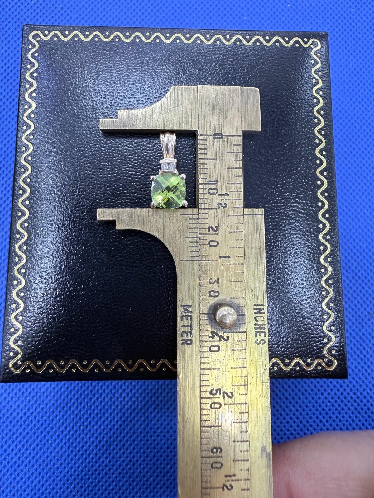 Signed 14k Yellow Gold Cushion Checker Design Peridot Prong Pendant w/ Diamonds