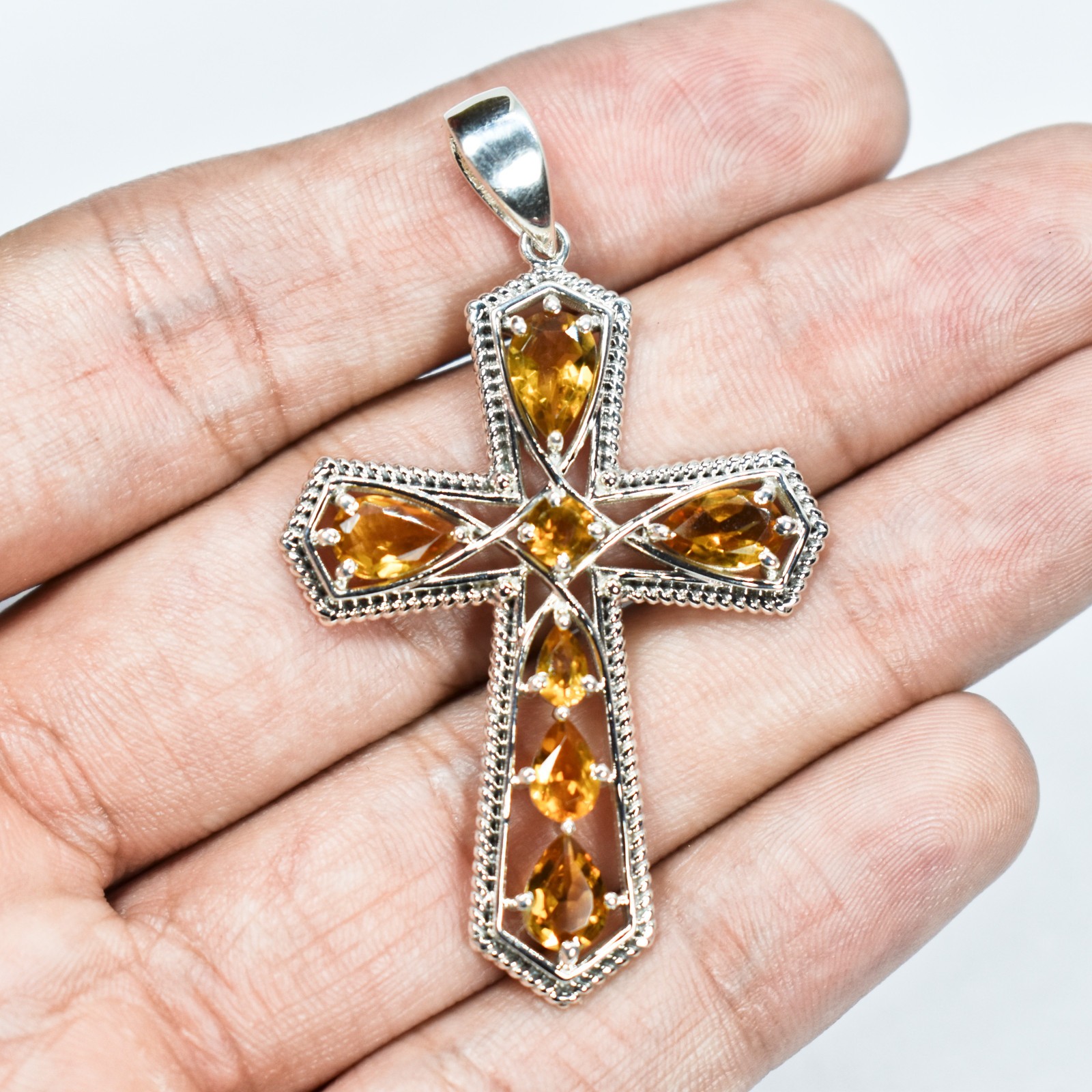 Natural Citrine Cross Pendant 925 Silver Women Pendant Gift For Girlfriend