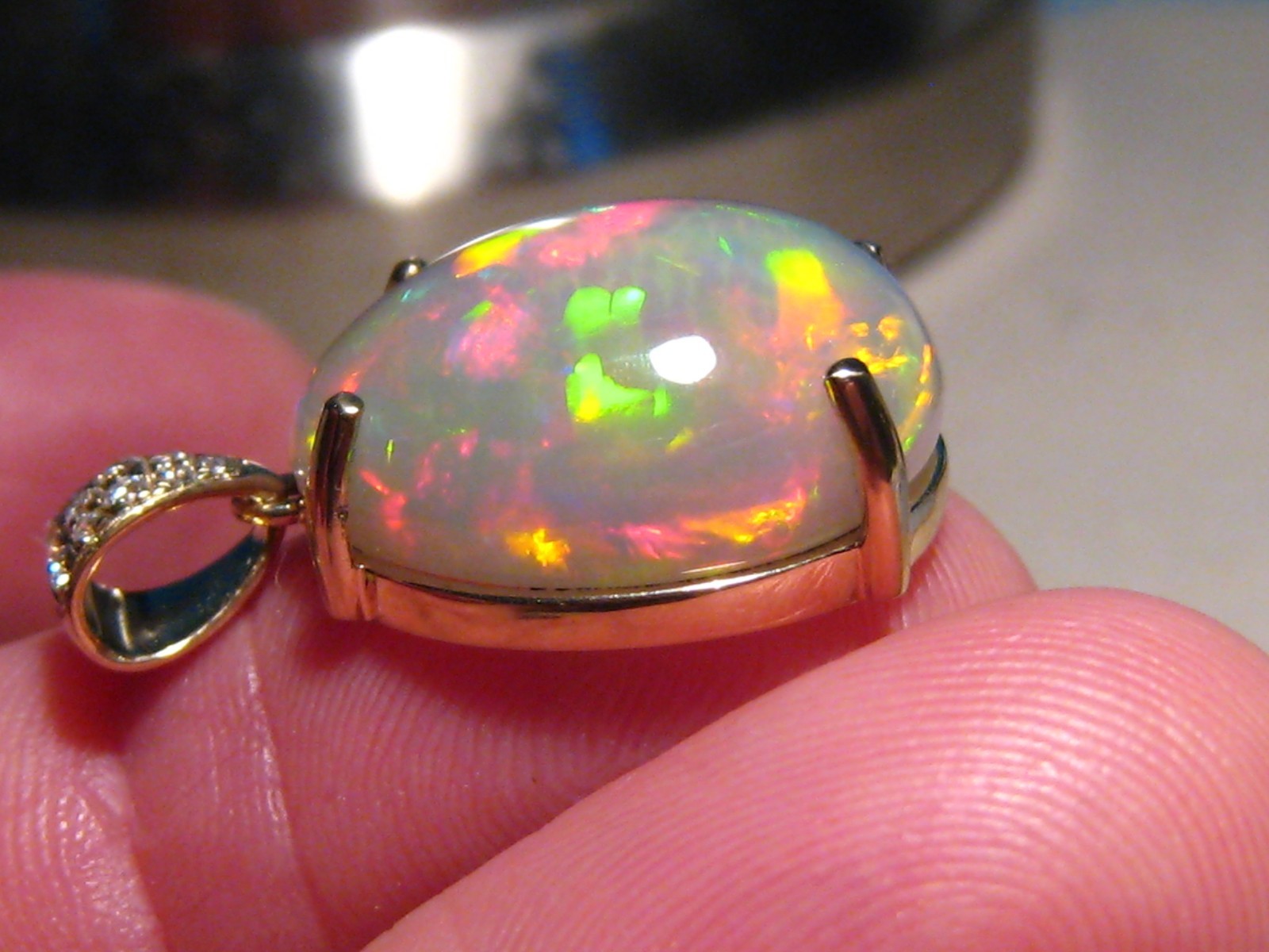 Large 16 ct. Ethiopian Opal and Diamond Pendant , 14 k Gold , Red Harlequin