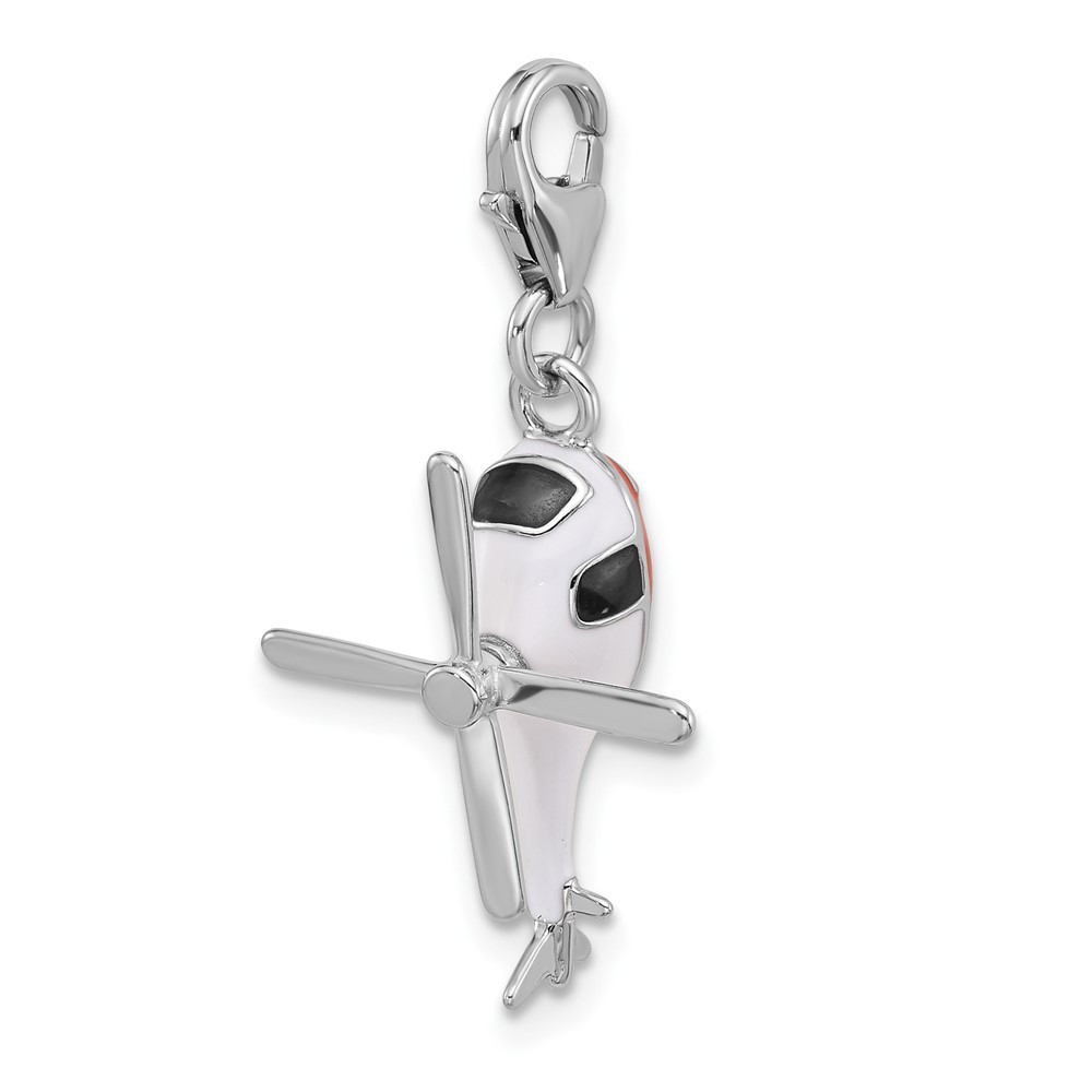 Sterling Silver 3-D Moveable White/Black and Orange Enameled Helicopter Pendant