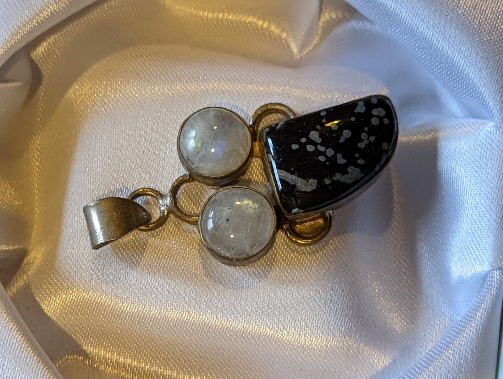Vintage Natural Jasper & Moonstone Gemstone Pendant on German Silver 11g 50x24mm