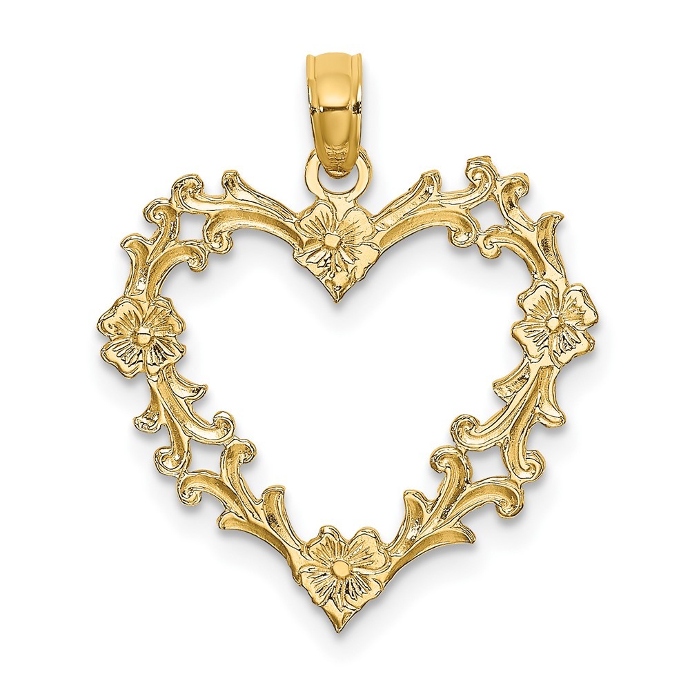 10k Yellow Gold Cut-Out Floral Heart Charm Pendant L-0.9 Inch, W-0.77 Inch