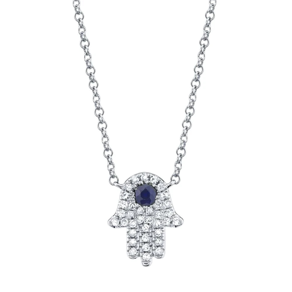 14K White Gold Diamond Blue Sapphire Hamsa Necklace Hand Pendant Natural 0.17 CT