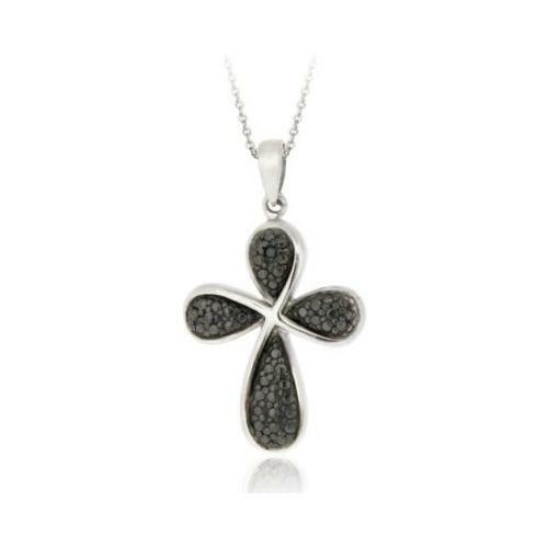 925 Silver Black Diamond Accent Ribbon Cross Necklace