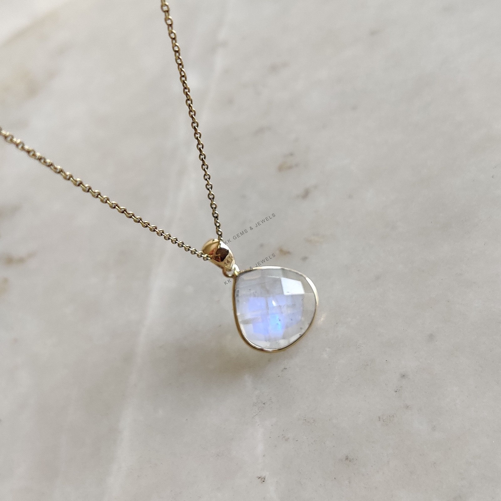 5.80 Ct Natural Rainbow Moonstone Pendant 14K Gold Bezel June Birthstone Gift