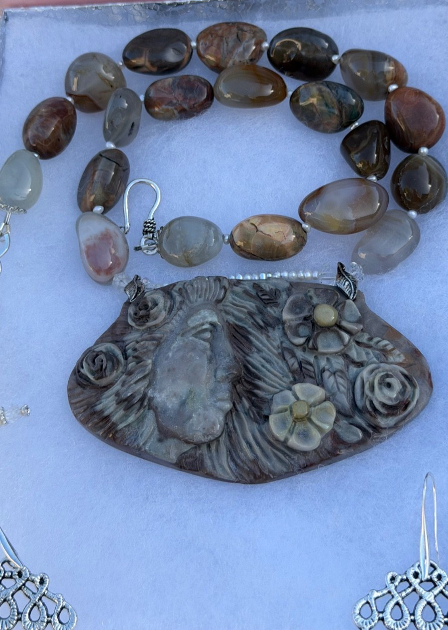 HAND CARVED EARTH MOTHER POLYCHROME JASPER PENDANT NECKLACE AND EARRING SET