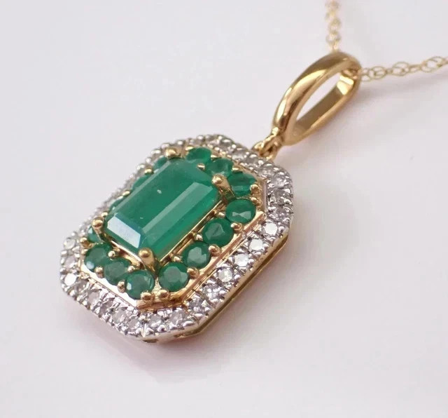 2.50Ct Emerald Cut Natural Green Emerald Halo Pendant 14K Yellow Gold Plated