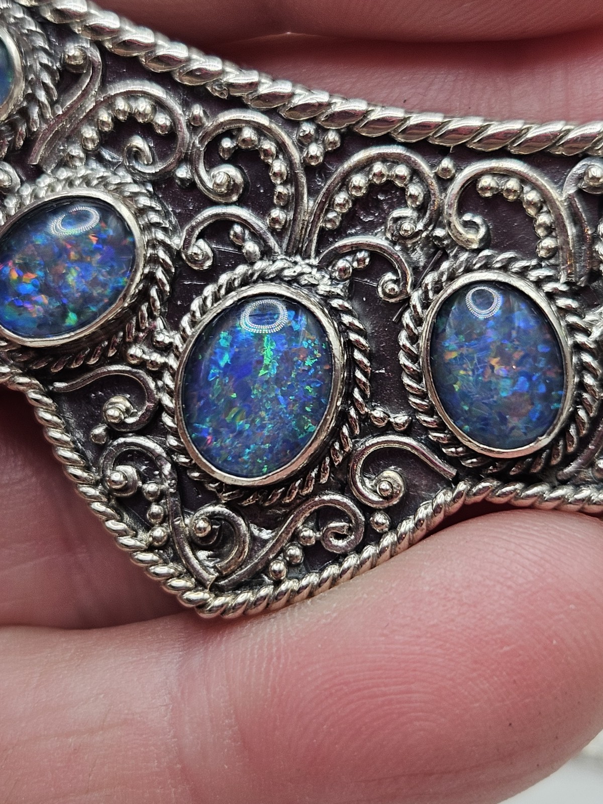 Sterling Silver Bib Style Necklace With 5 Oval Bezel Set Opals. 20″ Marked. 925.