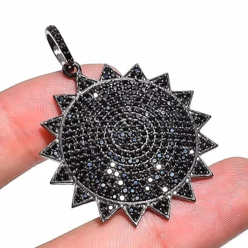 14K White Gold Plated Men’s Sun Shape 3CtRound Lab-Created Black Diamond Pendant