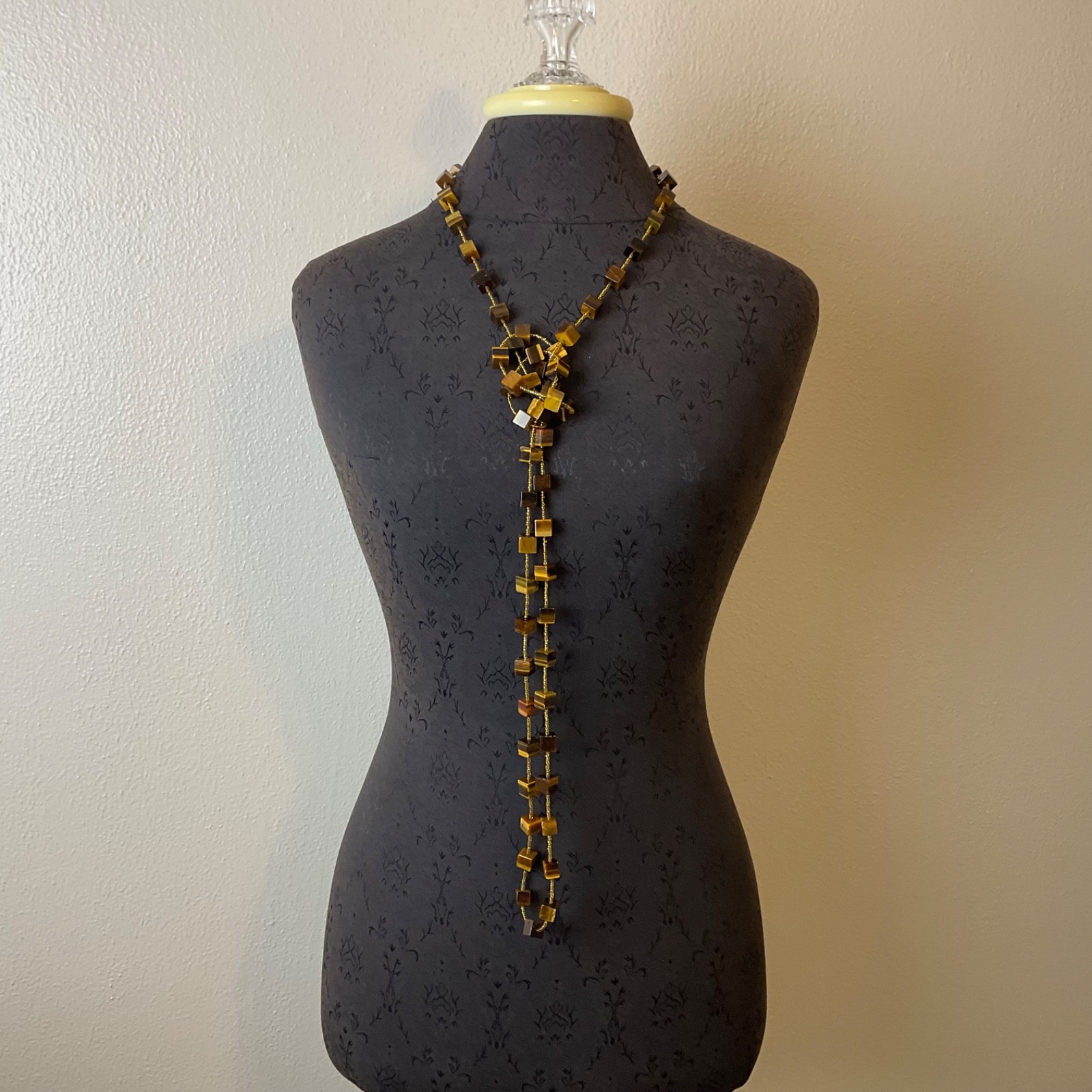 Genuine Tiger’s Eye Cube & Golden Bead Necklace Sterling Silver Toggle 64″ Long