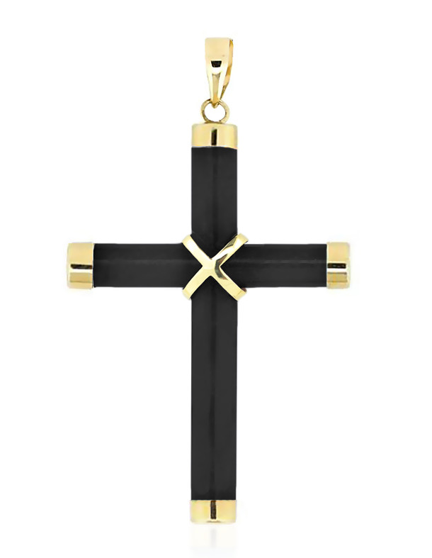 14K Yellow Black Onyx Cross Pendant 1 1/2 Inch Drop Religious Cross Onyx & Gold