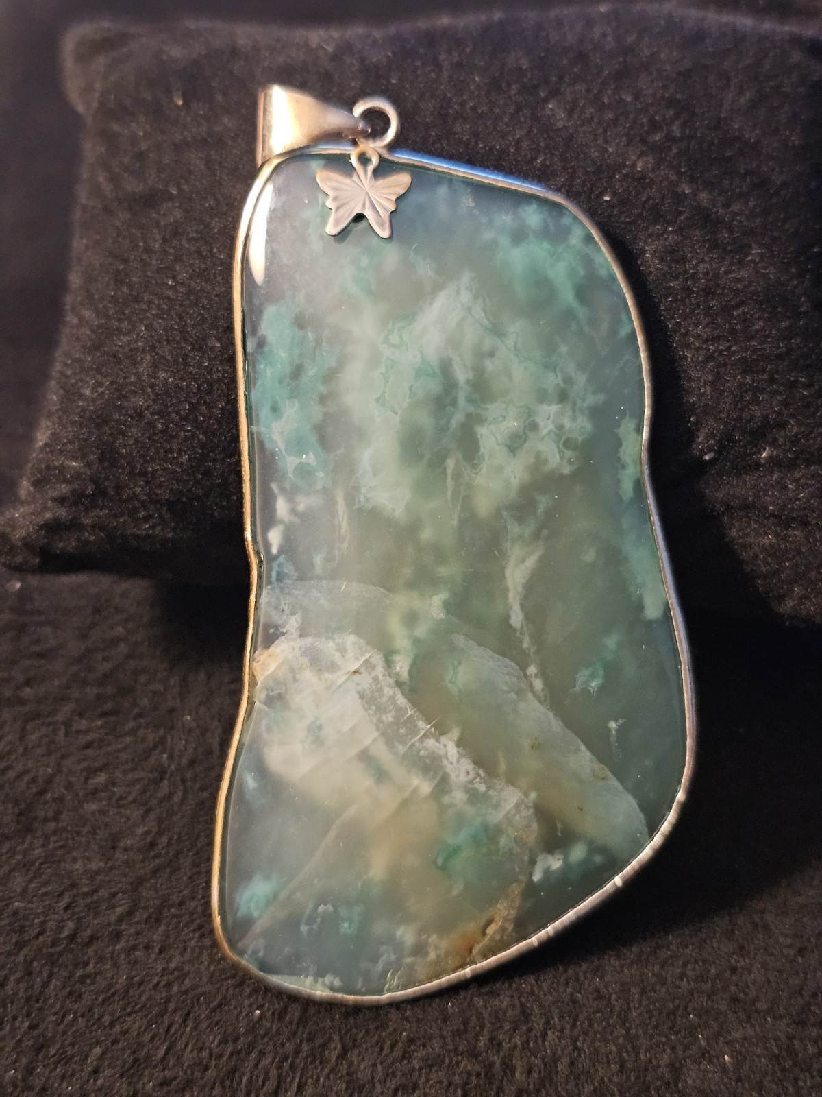 925 Sterling Silver Green Jade Freeform Pendant Bezel Set Butterfly Signed