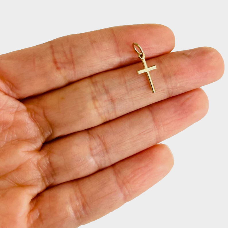 10K Real Solid Gold 18mm x 8mm Small Tiny Cross Charm, Gold Cross Pendant- K2280