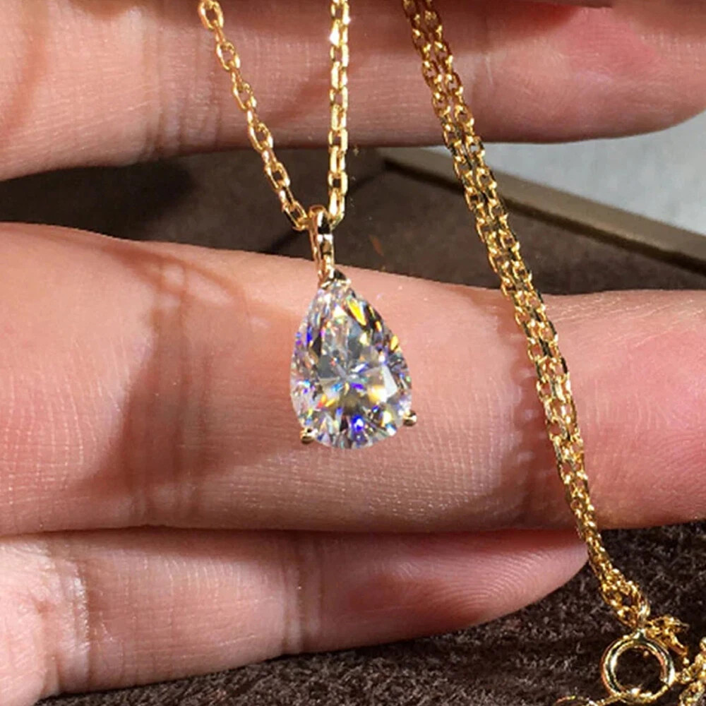 2 Ct Pear Moissanite 3 Prong Solitaire Pendant /No chain In Yellow Gold Plated