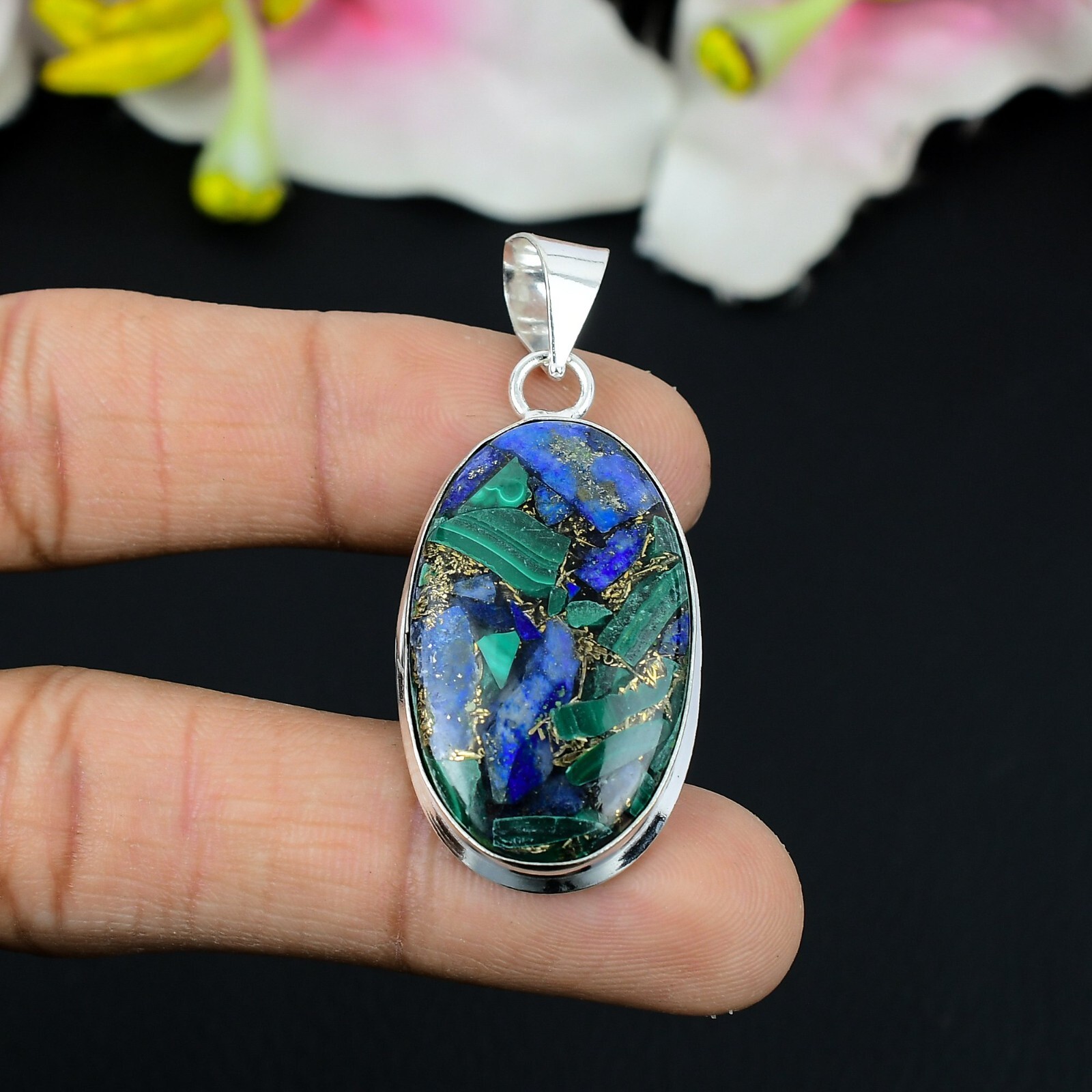 Malachite Copper Turquoise Gemstone 925 Sterling Silver Pendant Jewelry 2in”
