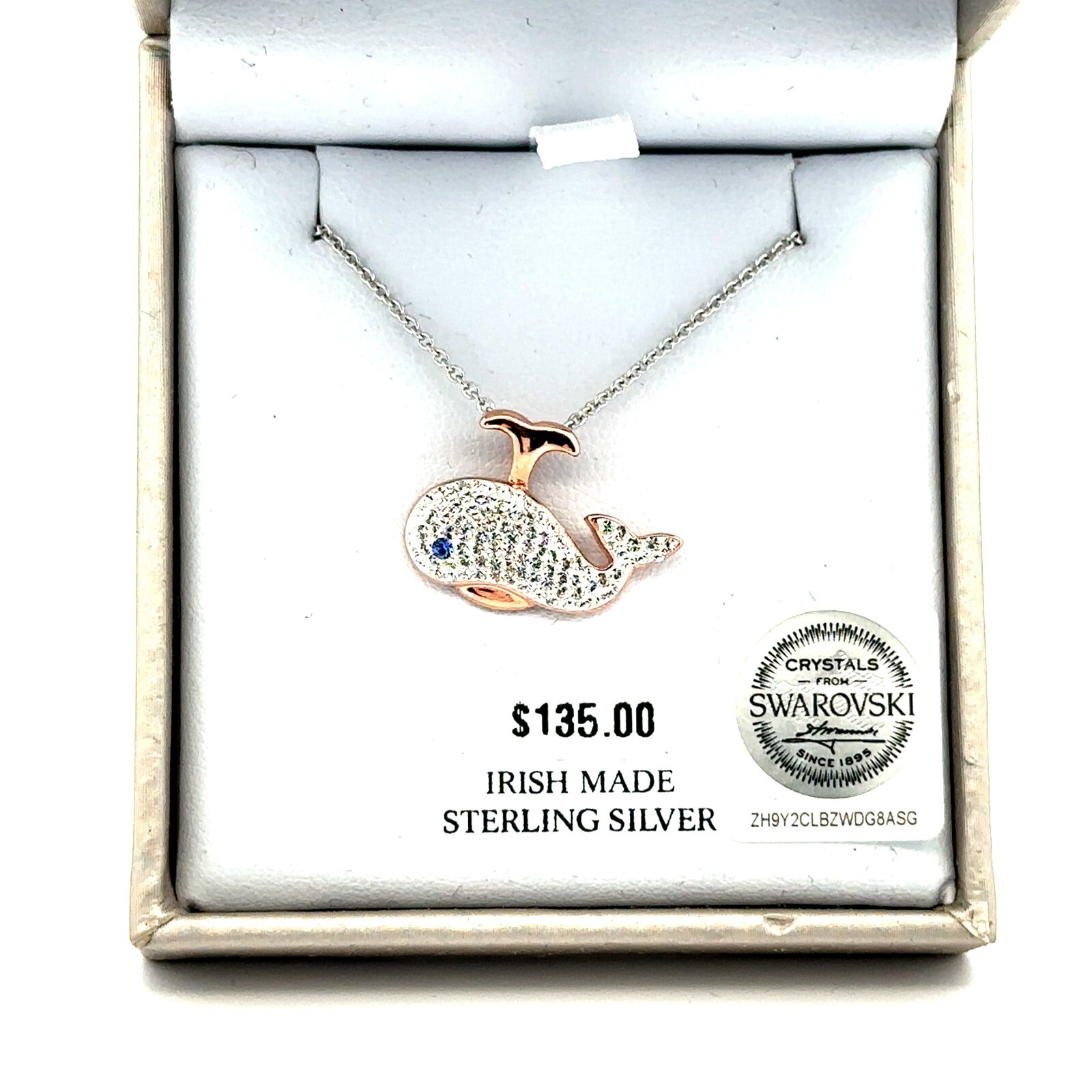Sterling Silver Whale Necklace W/Swarovski Crystal (3/4 x 1/2 Inch) Chain 18+2