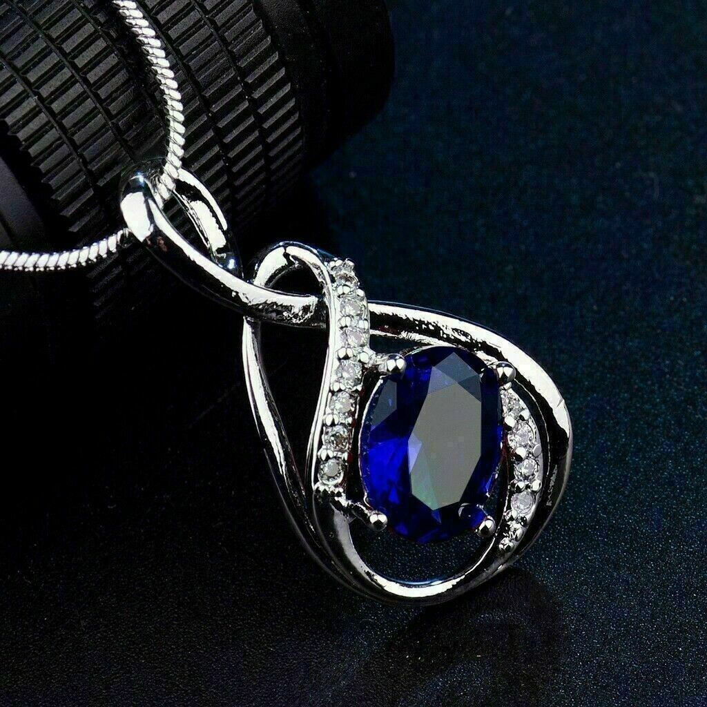 3.20Ct Oval Cut Blue Sapphire Tear Drop Pendant Necklace 14K White Gold Finish