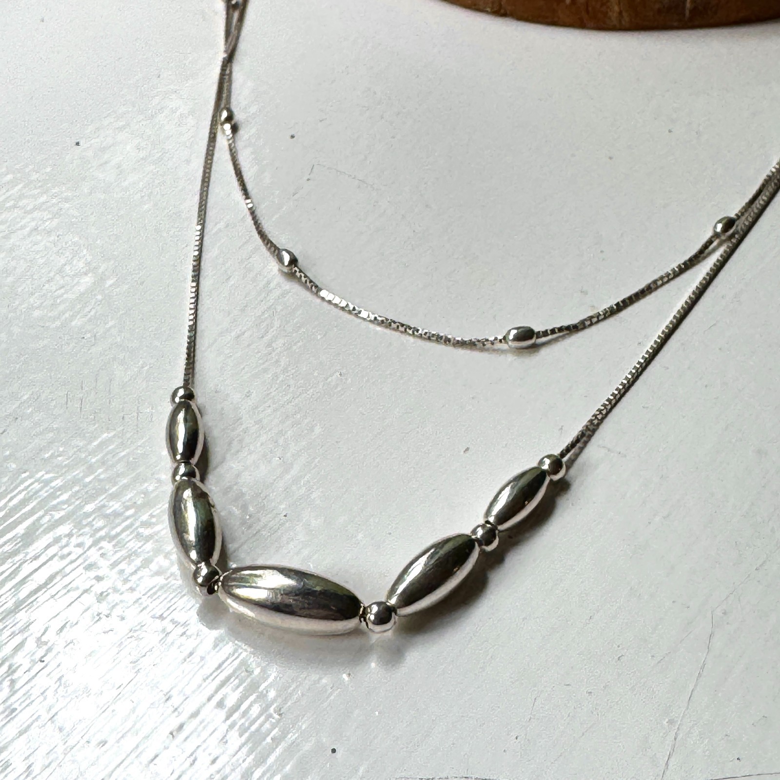 Sterling Silver 925 Double Strand Box Chain Station Necklace Adjustable Beaded