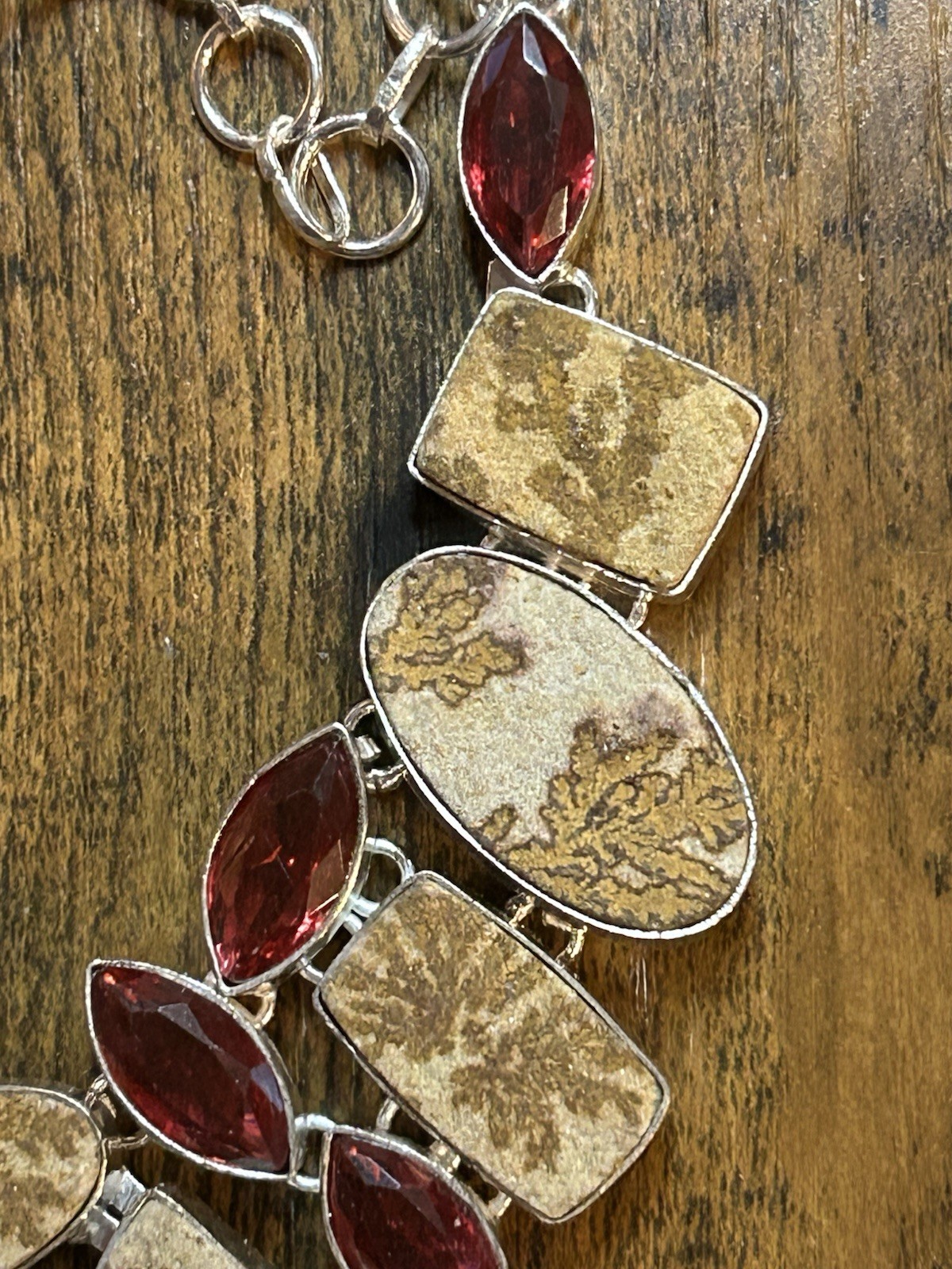 Rough German Dendritic Opal, Garnet Handmade 925 Silver Ethnic Big Necklace