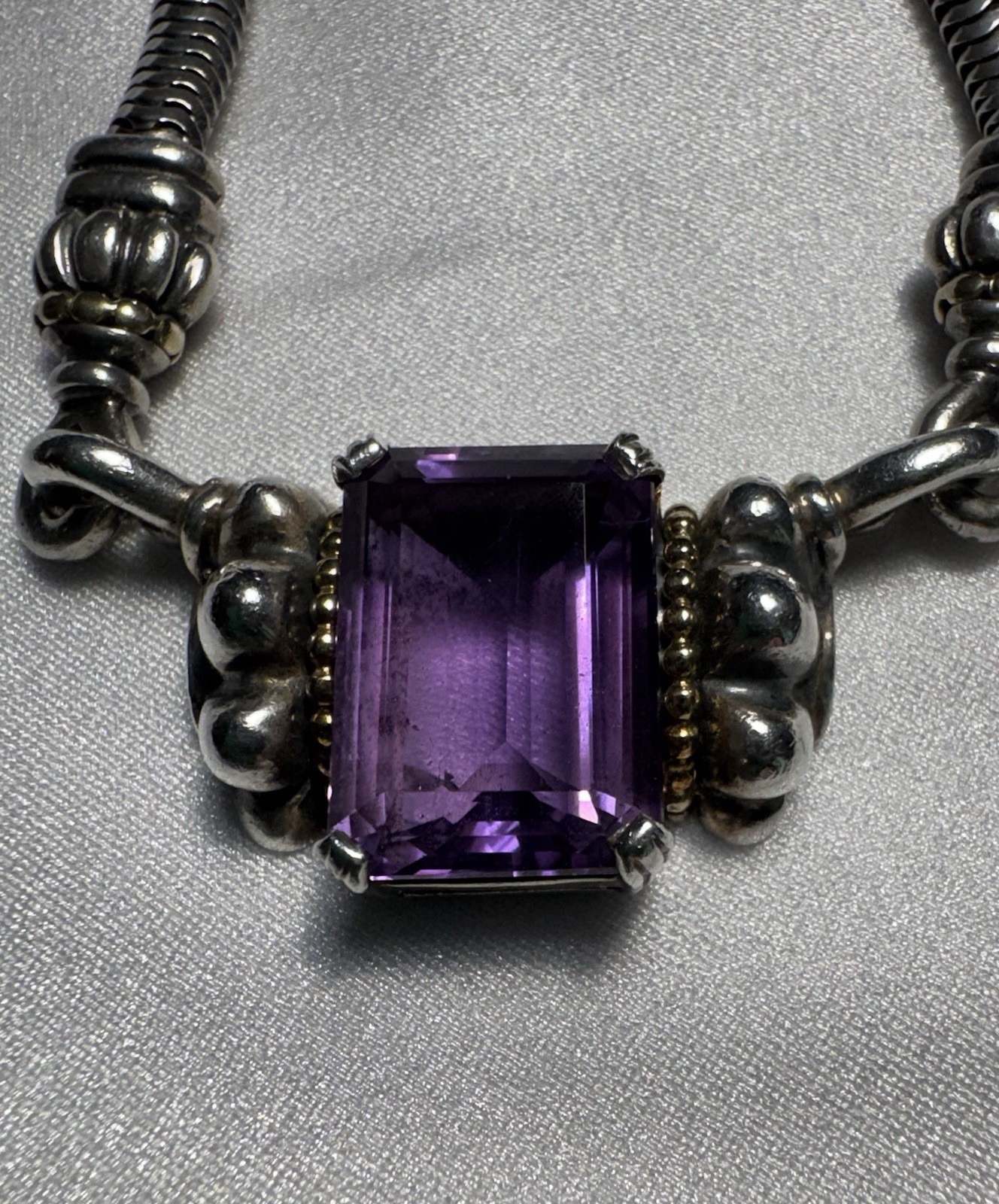 LAGOS Caviar 925 Sterling 18K Gold Amethyst Necklace 51g 16” Vintage