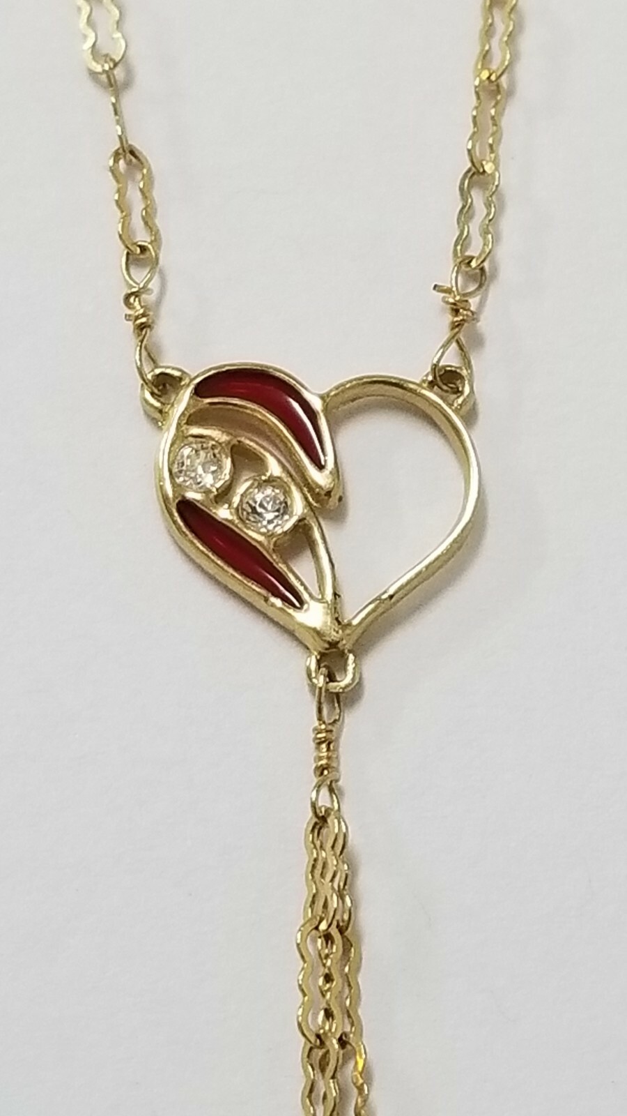 Heart Lariat Necklace With Pearls, 14k Yellow Gold Red Enamel, CZ’S, 16″ Long