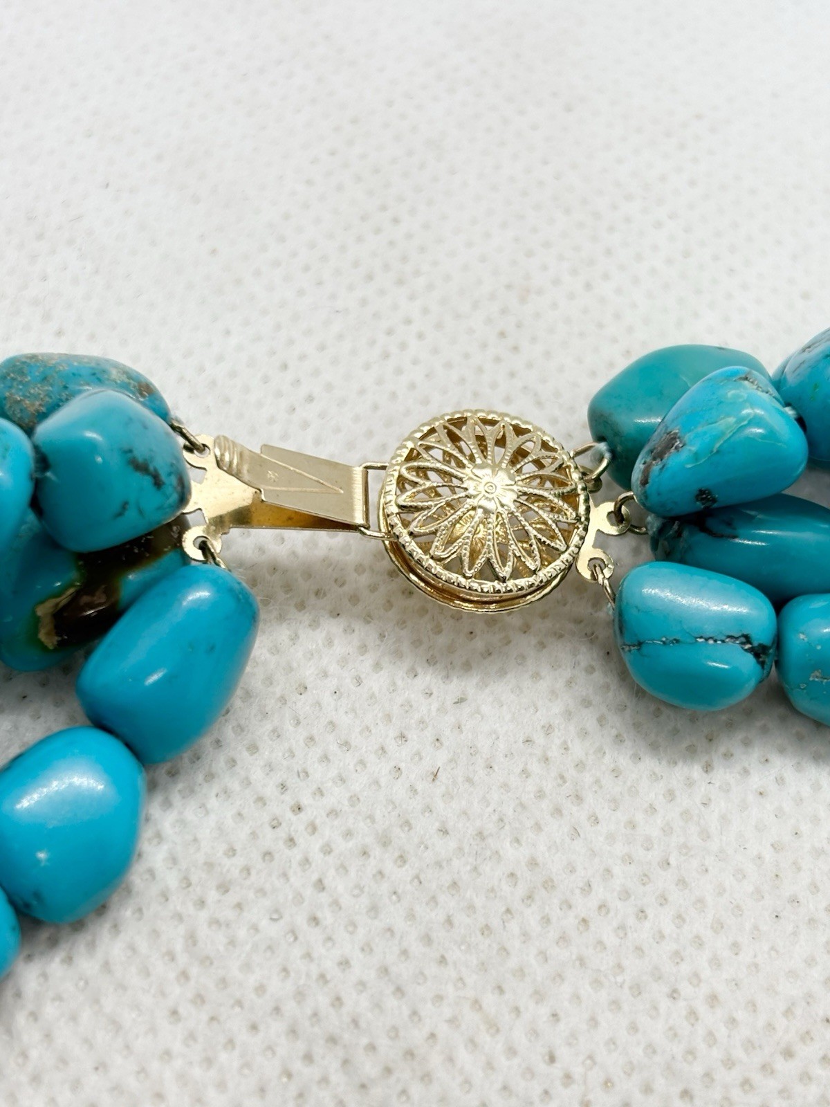 Natural Turquoise Nuggets 14k Yellow Gold Clasp 4 Strands Necklace 15” 156g