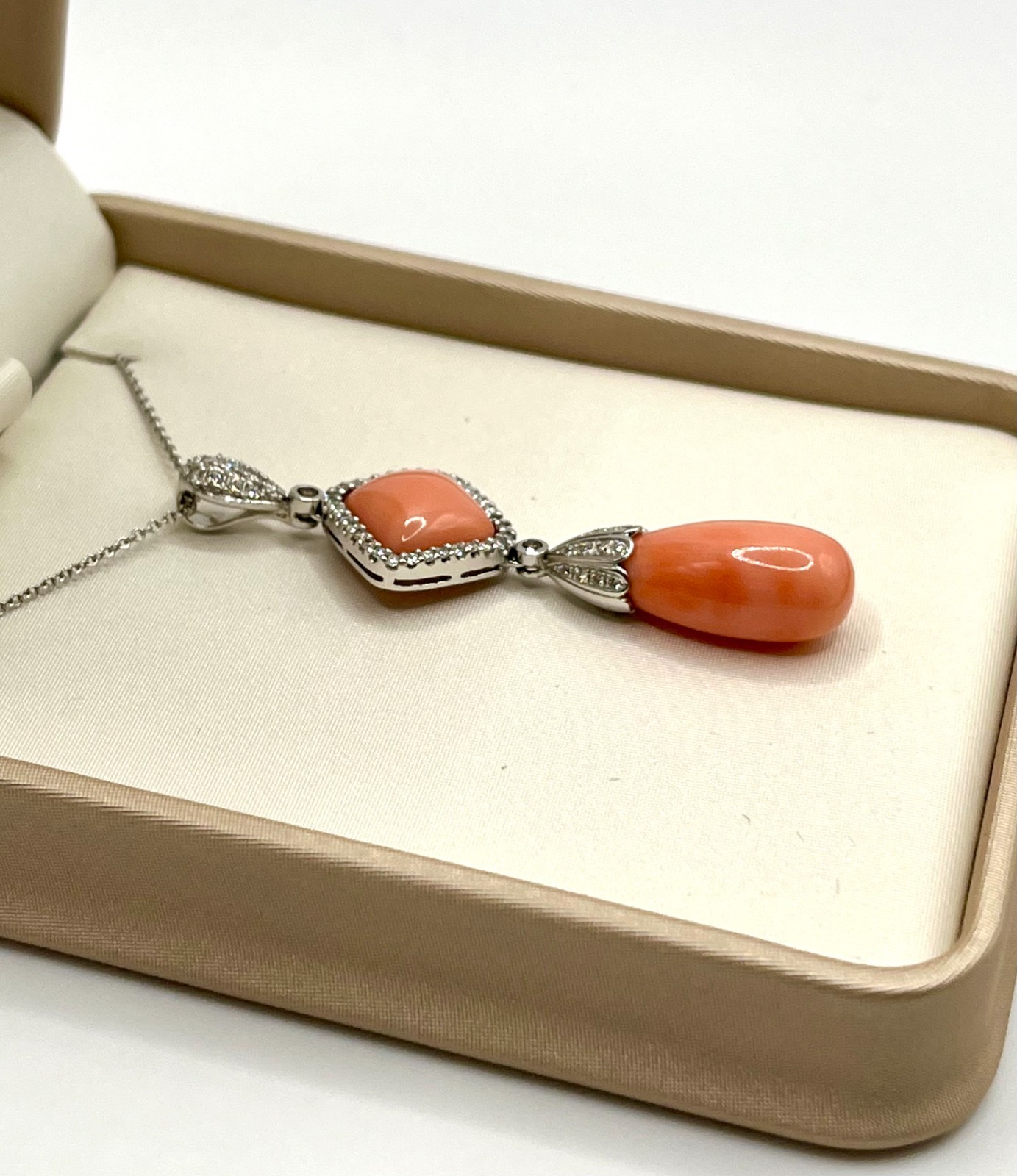Pink Coral 18K White Gold Pendant and Necklace with Diamonds, 15″ Length
