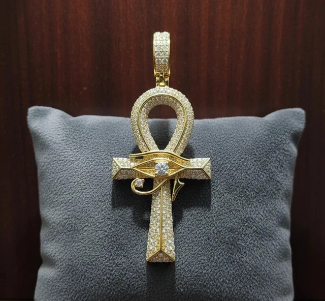 2.00 Ct Round Cut Moissanite Ankh Cross Pendant 14K Yellow Gold Plated Silver