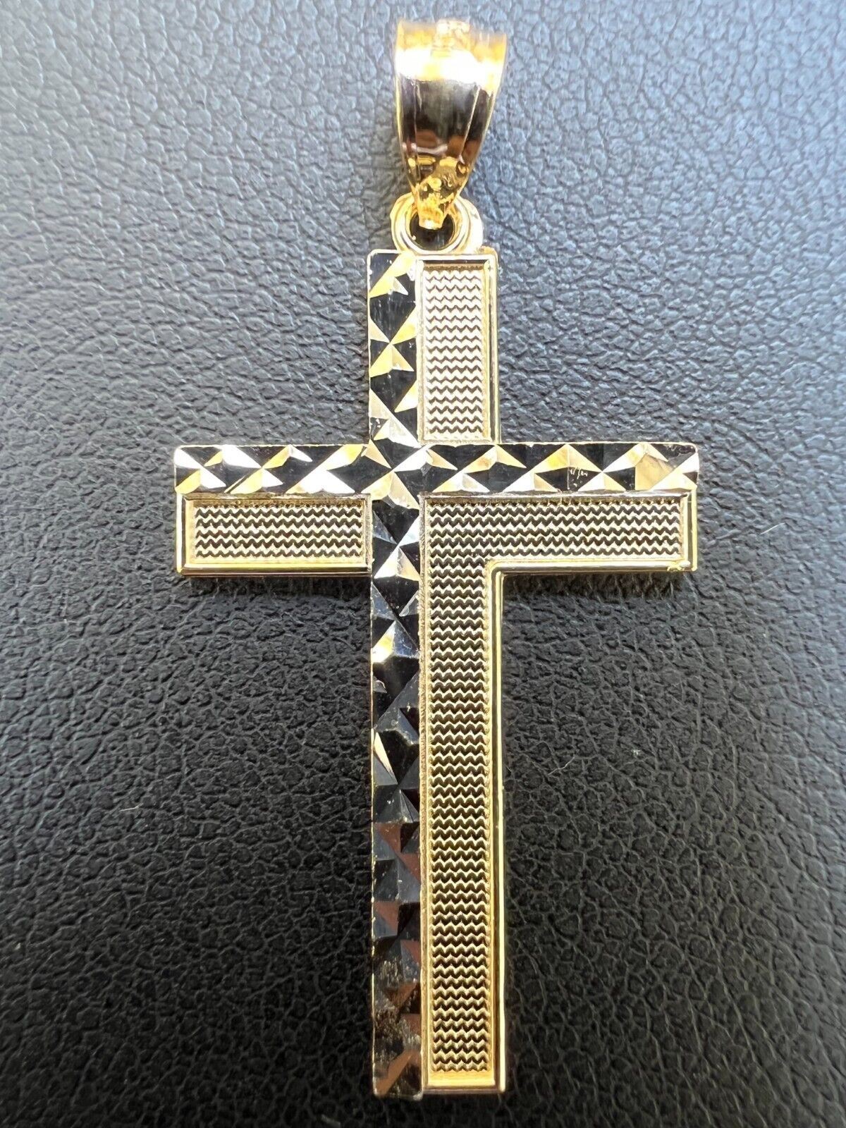 Real 14k Solid Yellow & White Diamond Cut Gold Cross Crucifix Pendant Necklace