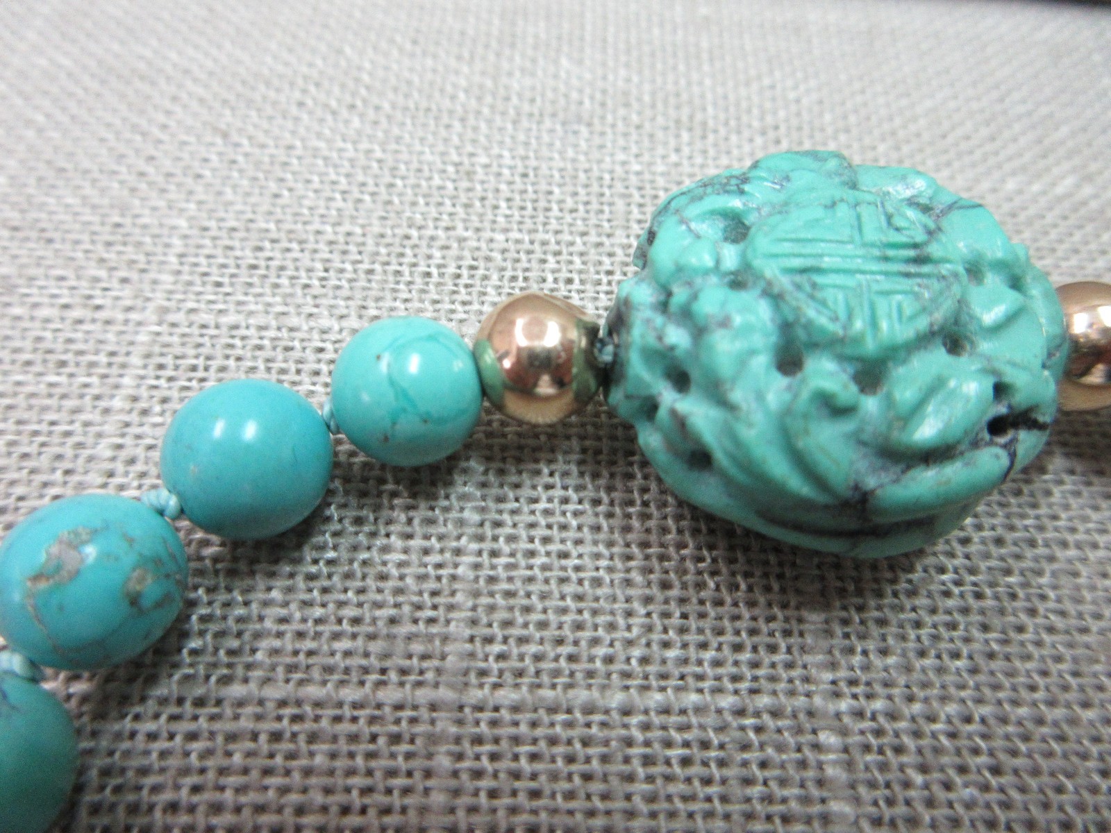 Vtg 14K Fishhook Clasp Turquoise Beads & Carved “Shou” Bead Necklace 18″ 39.7 G