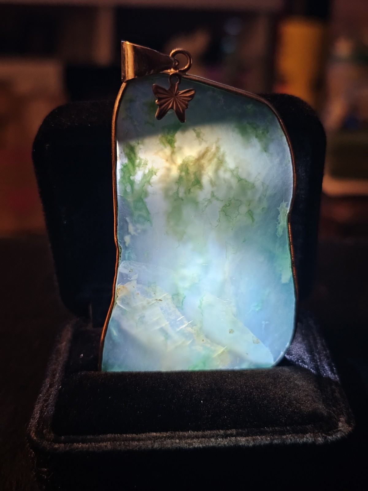 925 Sterling Silver Green Jade Freeform Pendant Bezel Set Butterfly Signed