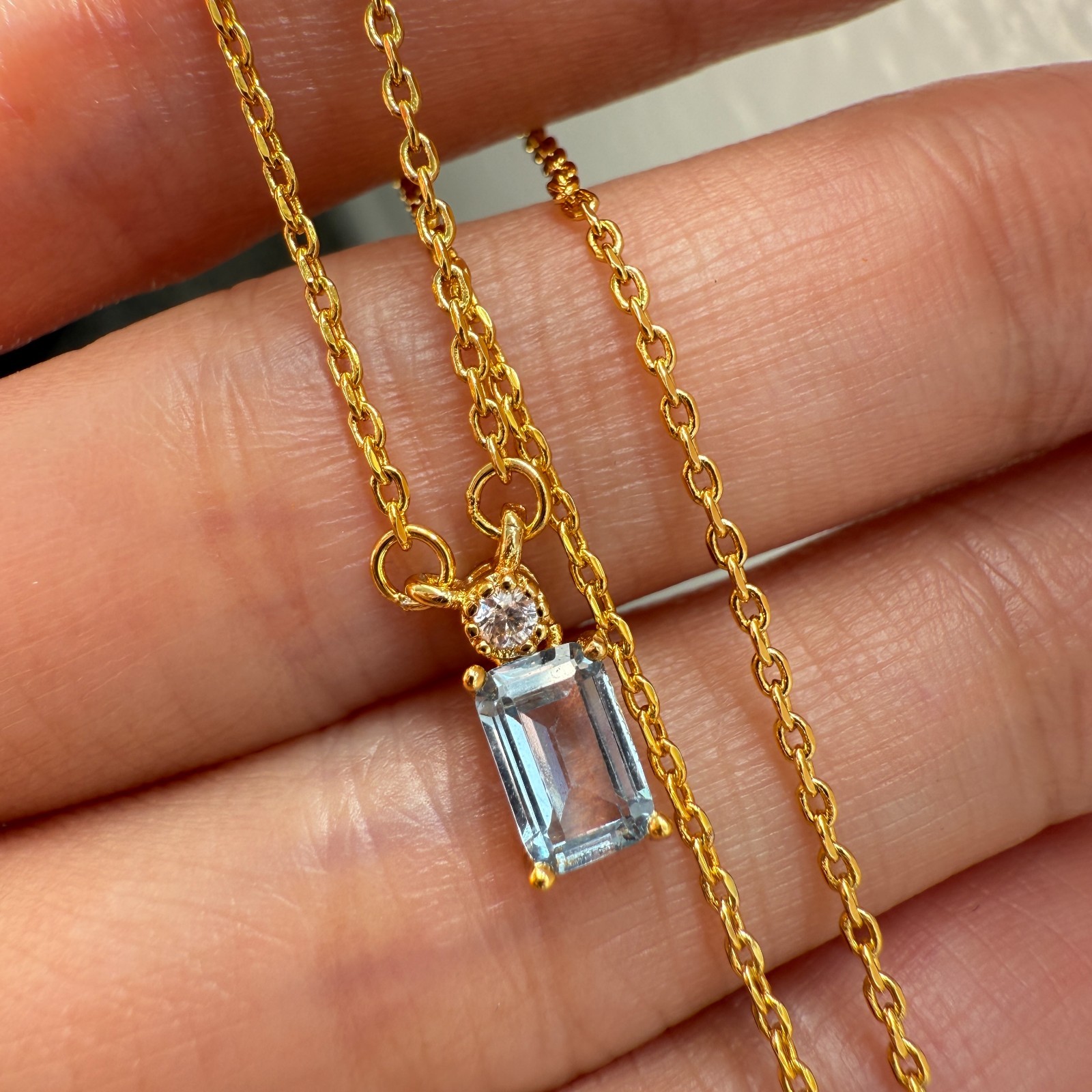 925 Sterling Silver Necklace 6x4mm Natural Blue Aquamarine 14K Gold Plated Chain